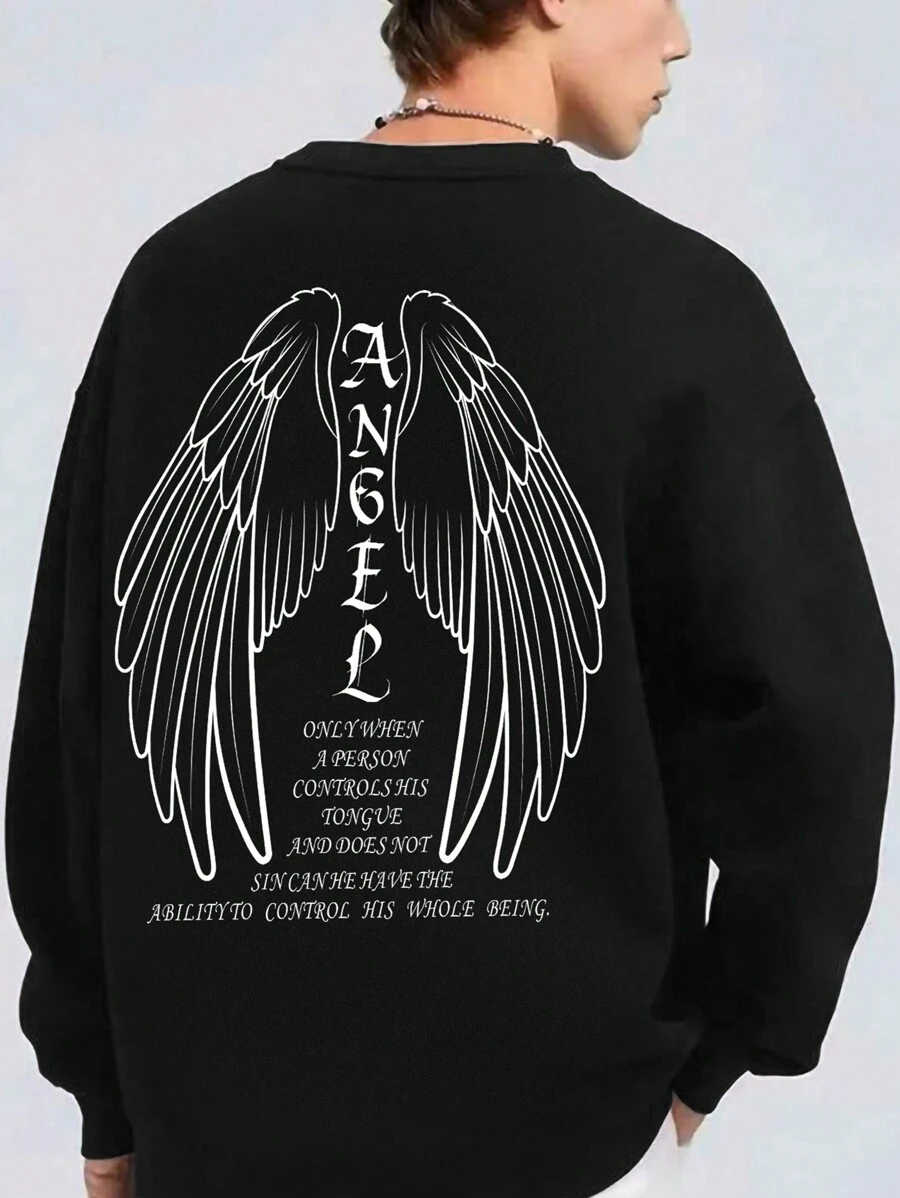Manfinity Roghcode Men Plus Slogan & Wings Print Drop Shoulder Sweatshirt - Black - View 1