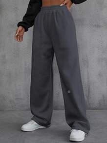 INAWLY Pantalones deportivos con diseño de parche de letra con bolsillos oblicuos - Gris Oscuro - Ver 4