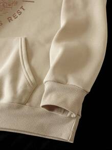 SHEIN EZwear 山和標語圖案加絨內裏連帽衫 - 卡其色 - 查看 3