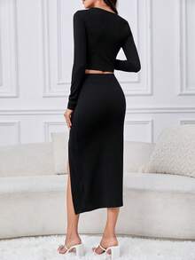 SHEIN Tall Contrast Lace Crop Tee & Split Thigh Skirt - Black - View 2