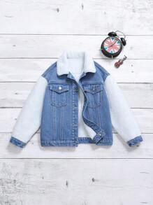 Tween Flicka Kontrast Teddy Krage Klaff Ficka Termiskt fodrad Denimjacka Utan T-shirt - Ljustvätt - Visa 1