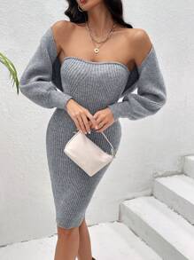 Chiquease Solid Tube Sweater Dress & Bolero - Grey - View 3
