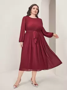 Modelyn Vestido rojo borgoña con cinturón sólido - Burdeos - Ver 1