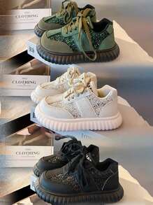 Children's Stylish Rhinestone Teenager Casual Flat Shoes With Thick Sole, Lightweight And Slip-proof - Black - View 1