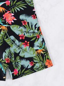 Swim Lushoire Women's Tropical Plant Print Halter Neck One-Piece Swimsuit With Shorts, Random Print - Orange - View 6