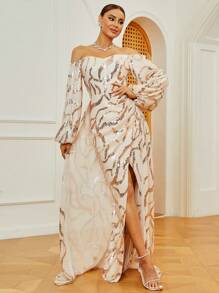 Missord Off Shoulder Tay áo lồng đèn Bao bên Kim sa Ăn mặc trang trọng - Màu be - Xem 1