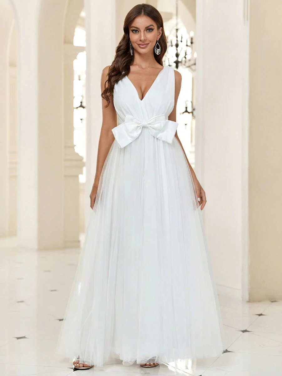 SHEIN Belle 1pc Plunging Neck Bow Front Mesh Flare Hem Wedding Dress Without Veil