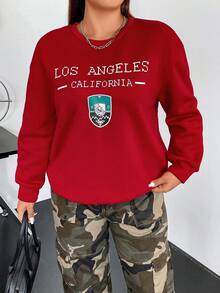 Flirla Hơn Đồ họa Khẩu hiệu Thả vai Áo nỉ - Đỏ - Xem 4