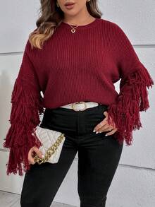 SHEIN Clasi Plus Fringe Trim Drop Shoulder Sweater - Burgundy - View 3