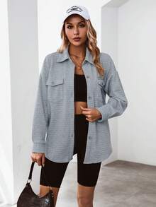 SHEIN Essnce Abrigo con bolsillo con solapa de hombros caídos - Gris - Ver 6