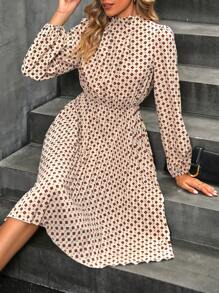 SHEIN LUNE Allover Print Mock Neck Pleated Hem Dress - Apricot - View 3