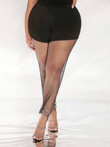 SHEIN SXY Plus Detalhe De Strass Malha Perneiras - Preto - Visão 5