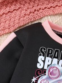 女嬰標語和卡通圖案拼接側邊接縫運動衫 - 黑色 - 查看 3