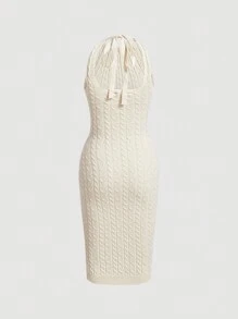 SHEIN MOD Solid Tie Backless Cable Knit Sweater Dress - Apricot - View 2