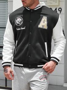 Manfinity Homme Men Plus Letter Graphic Striped Trim Varsity Jacket Without Hoodie - Black and White - View 5