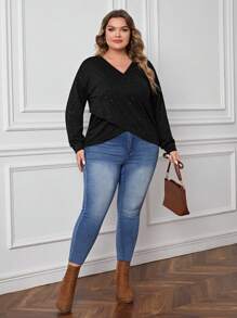 SHEIN LUNE Plus Wrap Cross Tee - Black - View 5