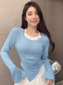 DAZY Áo thun nữ tay dài họa tiết sọc nhún bèo bất đối xứng 2 trong 1, quần áo thu đông - Màu xanh lam - Xem 2