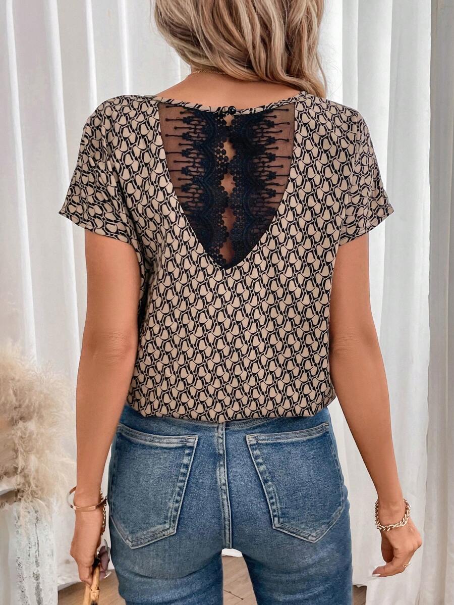 SHEIN Frenchy Allover Print Contrast Lace Batwing Sleeve Blouse - Khaki - View 1