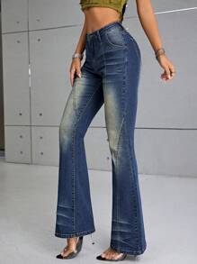 SHEIN ICON Quần ống loe - Rửa tối - Xem 2