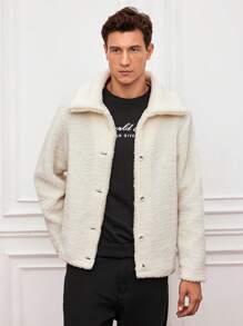 SHEIN Cottnline Men 1pc Solid Button Front Teddy Jacket - White - View 5