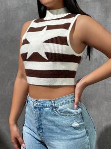 SHEIN EZwear Plus Star Pattern Mock Neck Crop Knit Top - Multicolor - View 3