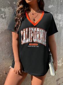 Flirla Áo thun Plus size Tương phản ràng buộc Lá thư Giải trí - màu đen - Xem 5