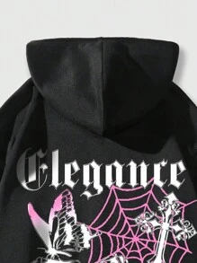 ROMWE MEN Street Life 男士字母與蝴蝶印花拉鍊抽繩連帽衫 - 黑色 - 查看 7