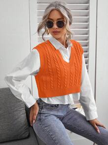 SHEIN LUNE Cable Knit Sweater Vest Without Blouse - Orange - View 5