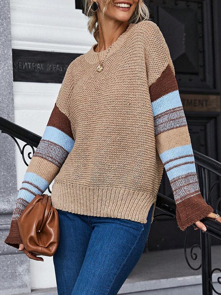 Colorblock Drop Shoulder Split Hem Knit Pullover Fall Winter Sweater