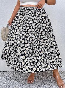 SHEIN CURVE+ Plus Allover Floral Print Flare Skirt - Black - View 1