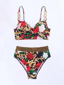 Swim Lushoire Swim Suits For Women Summer Beach Floral Print Chain Linked Push Up Bikini Set - Multicolor - View 6