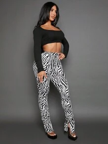 SHEIN SXY 斑馬條紋下擺開叉褶皺緊身打底褲 - 黑與白 - 查看 5