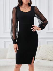 SHEIN Tall Contrast Mesh Lantern Sleeve Split Hem Bodycon Dress - Black - View 1