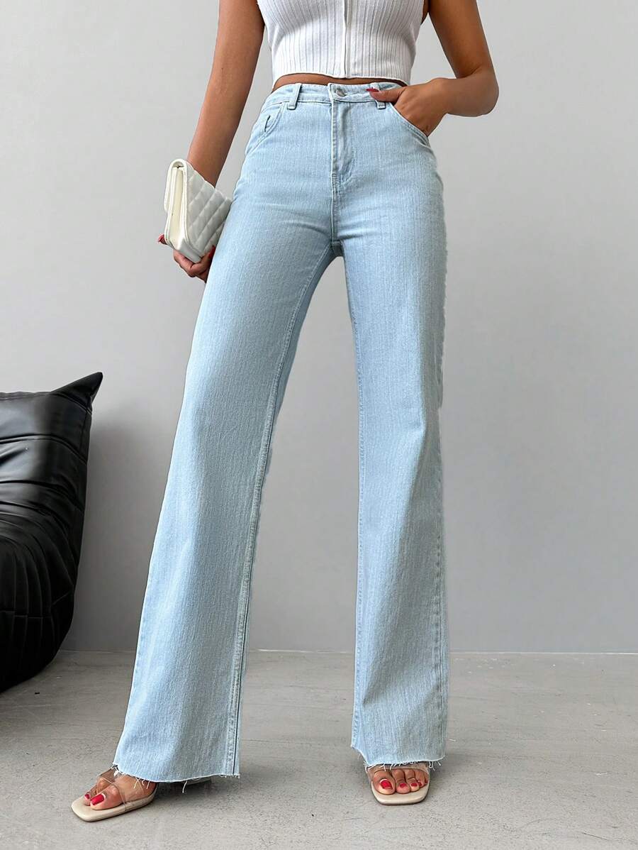 EURMUSE Raw Hem Straight Leg Jeans - Light Wash - View 1