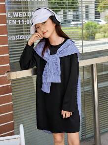 SHEIN Cô gái Tween In sọc Hem cao thấp Váy 2 trong 1 Với khăn quàng cổ - màu đen - Xem 3