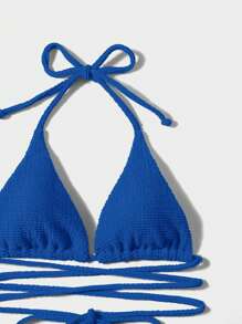 交叉綁帶三角泳衣套裝，頸掛式，可調節兩側泳裝 - 寶藍色 - 查看 4
