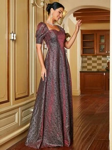 Missord 雞心領口泡泡袖亮片正式洋裝 - 酒紅色 - 查看 3