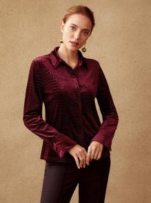 MOTF PREMIUM VELVET CROCODILE TEXTURED SHIRT, LONG SLEEVE TOP - Burgundy - View 7
