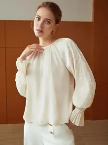 MOTF PREMIUM SEQUIN-EMBELLISHED BISHOP SLEEVE BLOUSE - Beige - View 5