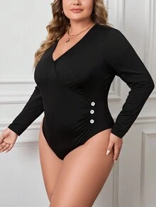 SHEIN LUNE Hơn Chi tiết Nút Slim Fit Tee Bodysuit - màu đen - Xem 4