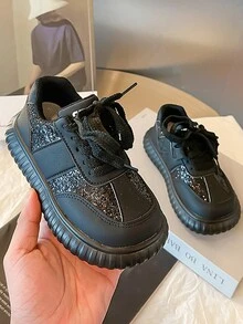 Children's Stylish Rhinestone Teenager Casual Flat Shoes With Thick Sole, Lightweight And Slip-proof - Black - View 4