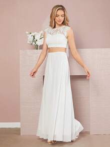 SHEIN Belle Guipure Lace Insert Crop Top & Skirt - White - View 5