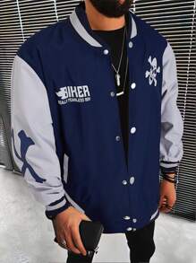 Manfinity LEGND 1件男裝寬鬆字母印花色塊條紋裝飾校園夾克 - 藍色 - 查看 1