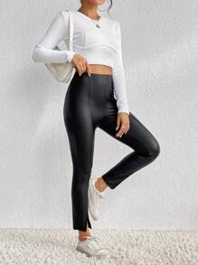 SHEIN Frenchy 下擺開叉PU皮打底褲 - 黑色 - 查看 6