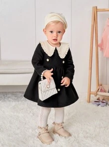 SHEIN 女嬰拼接領雙排釦洋裝 - 黑色 - 查看 3