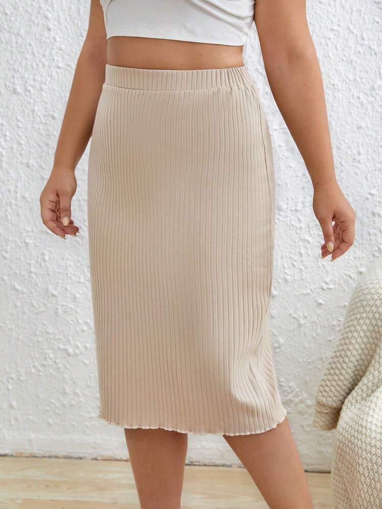 SHEIN Frenchy Plus Ribbed Knit Lettuce Trim Pencil Skirt - Apricot - View 6