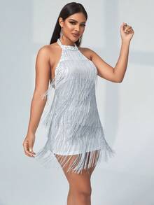 Váy xếp tầng có dây viền trang trí không lưng đính sequin - Bạc - Xem 6