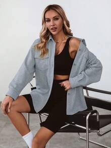 SHEIN Essnce Abrigo con bolsillo con solapa de hombros caídos - Gris - Ver 3