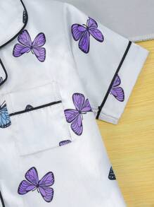 Girls Butterfly Print Contrast Piping Satin PJ Set - White - View 7
