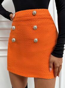 SHEIN Cottnline High Waist Button Detail Bodycon Skirt - Orange - View 3